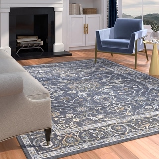 Persian Medallion Non-Slip Flat Pile Viscose Jute Backing Contains Latex Area Rug for Kids Room Living Room 8' x 10', Blue/ Gray