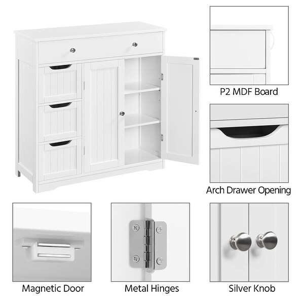 Bathroom Floor Cabinet, Large Storage Space Wooden Organizer with Drawer, 3 Small Drawers & 2 Doors, Free-Standing Cupboard
