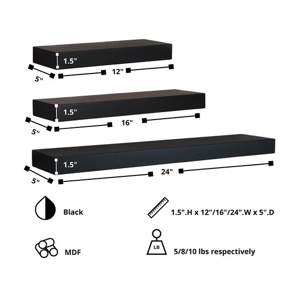 kieragrace KG Maine Wall Shelf, Set of 3, 12" / 16" / 24" - Black