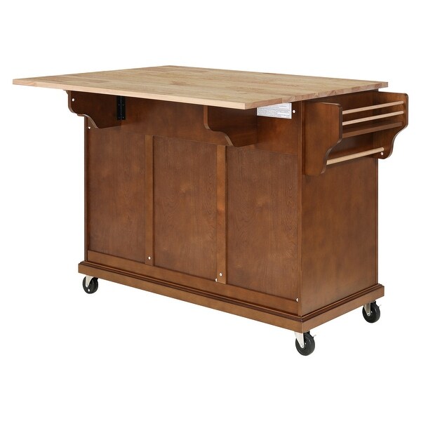 Natural Wood Top Drop Leaf Kitchen Storage Dining Cart, 57.5" Kitchen Island with Locking Wheels,Brown