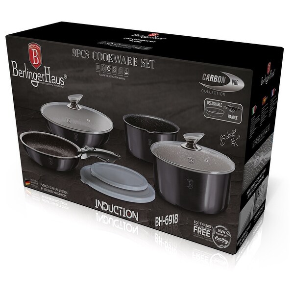 Berlinger Haus 9-Piece Cookware Set w/ Detached Ergonomic Handle, Carbon Pro Collection