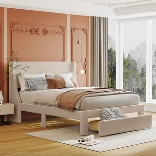 Velvet Full/Queen Storage Bed Frame, Deluxe Upholstered Platform Bed with Wingback Headboard and 1 Big Drawer