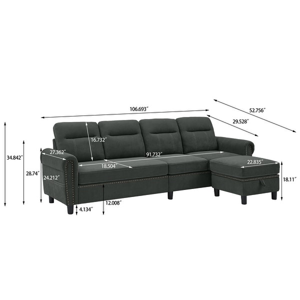4 Seater L Shaped Reversible Sectional Sofa with Storage Ottoman