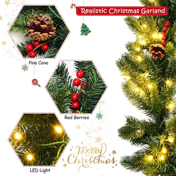 Gymax 9FT Pre-lit Christmas Decoration Garland Indoor Outdoor w/ LED - Green - See Details