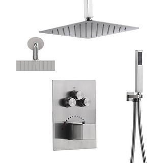 Dual Heads 12" Rainfall & High Pressure 6" Shower System w/ Thermostatic Faucet - Brushed Nickel - Brushed Nickel