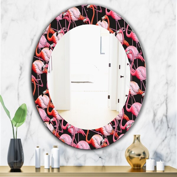 Designart 'Flamingo 3' Printed Bohemian and Eclectic Oval or Round Wall Mirror - Black