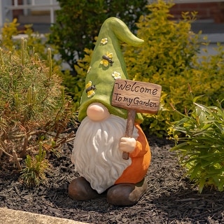 Magnesium Garden Gnome Holding Wooden Sign with Green Flower Hat
