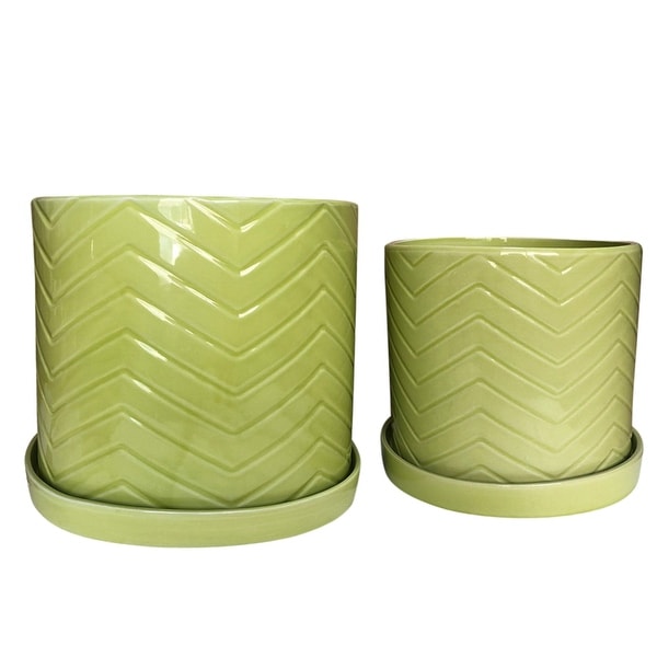 Set of 2 Green Ceramic Outdoor Chevron Planters with Saucers 12"