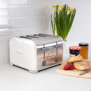 Kenmore 4-Slice Toaster, White Stainless Steel, Dual Controls, Extra Wide Slots, Bagel and Defrost