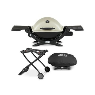 Weber Q 2200 Gas Grill (LP Gas, Titanium) with Portable Cart & Cover