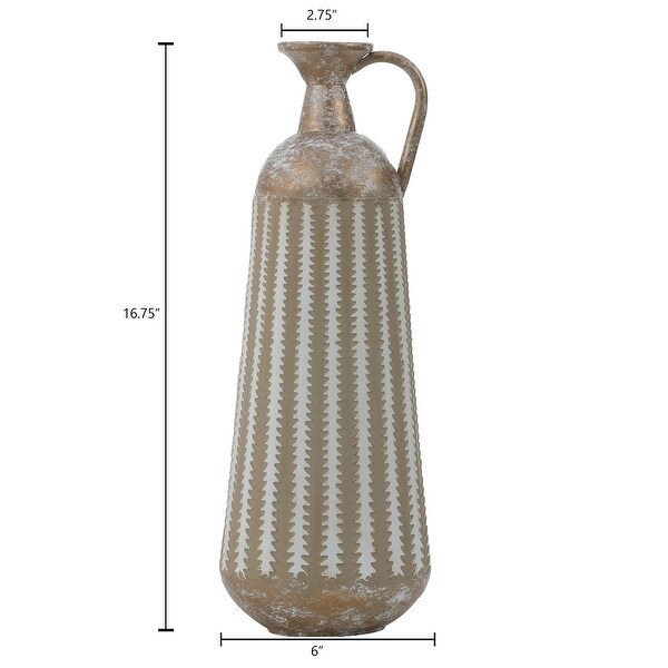 16.75-Inch H Distressed Tan and White Metal Table Pitcher Vase