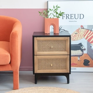 COZAYH Woven Cane Front Accent Nightstand with Brass Knobs, Accent Dresser