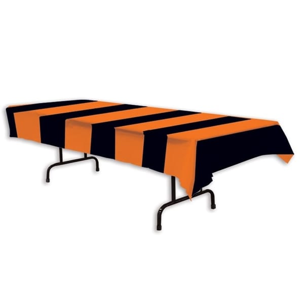 Club Pack of 12 Black and Orange Striped Halloween Banquet Table Covers 108"