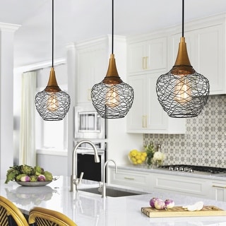 Modern 7inch Mini Farmhouse Cage Pendant 1-Light Metal Wire Black Ceiling Lights for Kitchen Island