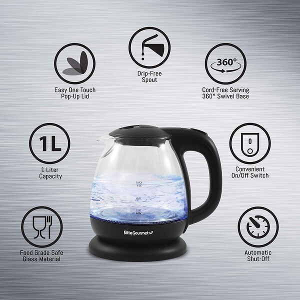 Elite Gourmet 1L Electric Glass Water Kettle, Black