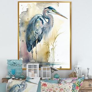 Designart "Heron By The Waterside Watercolour III" Animals Heron Framed Canvas Wall Art Print