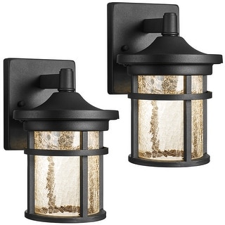 Black Integrated LED Outdoor Wall Light Lantern Sconces with Crackle Glass Shade 2-Pack - 2-Pack Small
