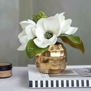 FloralGoods Artificial Magnolia Flower in Metal Gold Vase 8.6" Tall