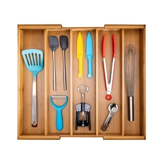 Seville Classics Bamboo Expandable 5 Large Compartment Adjustable Cutlery Drawer Tray Organizer - Brown