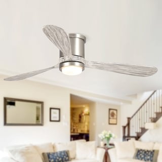 52" Wood 3-Blade Nickel LED Flush Mount Ceiling Fan with Remote