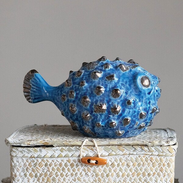 Stoneware Puffer Fish, Blue Reactive Glaze (Each One Will Vary)