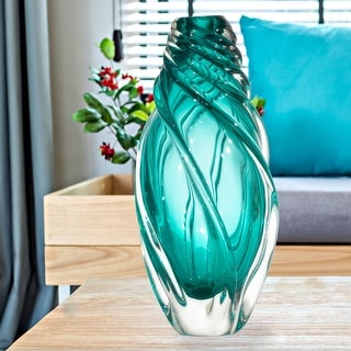 Aqua Swirl Hand Blown Art Glass Vase