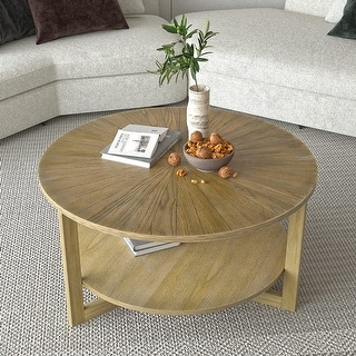 Round Wood Coffee Table with Storage Shelf 2-Tier Circle Accent End Table