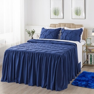 4 Piece Pinch Pleat Style Ruffle Skirt Bedspread Queen Navy