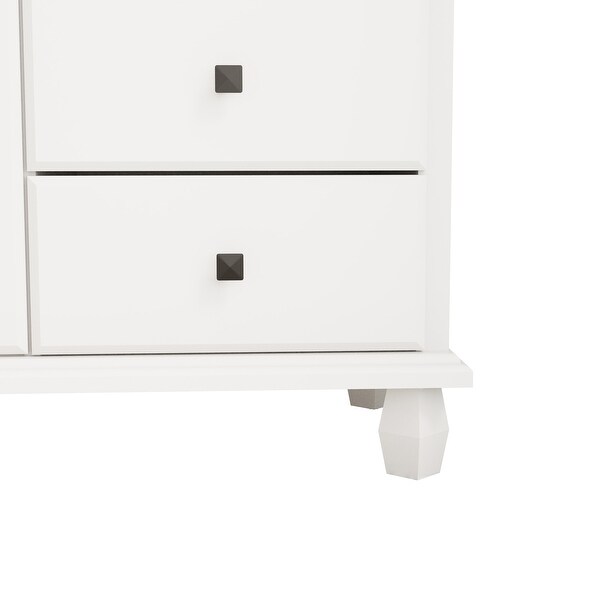White Storage Cabinet with 5 Drawer, 2 Glass Door