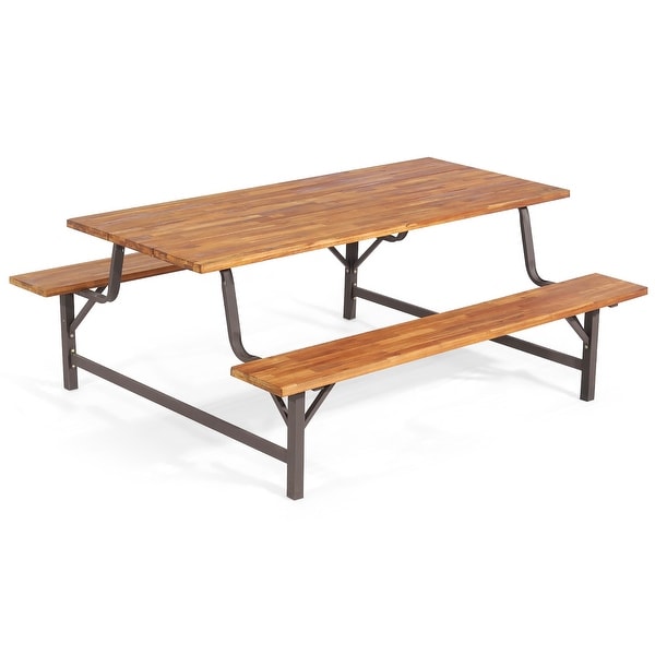 Wooden Patio Picnic Table Bench Set with 71'' Tabletop& Umbrella Hole