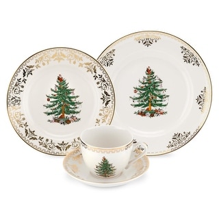 Spode Christmas Tree Gold Collection 4 Piece Place Setting - Dinner Plate 10 in, Salad Plate 8 in, Teacup 7 oz