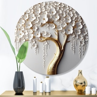Designart "White Orchid Tree Garden Of Branches II" Tree Floral Metal Round Wall Art