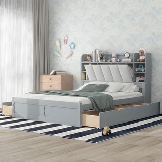 Wood Queen Size Platform Bed with Storage Headboard, Shelves and 4 Drawers