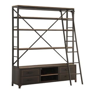 Wood and Metal Bookshelf with Built In Sliding Ladder, Gray and Brown