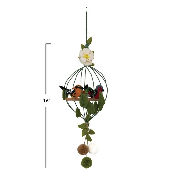 Wool Felt Bird Cage Mobile with Bird, Flower and Pom Poms