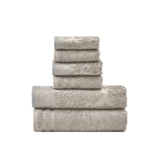 Noa 6 Piece Soft Egyptian Cotton Towel Set, Solid Damask Pattern Trim, Gray