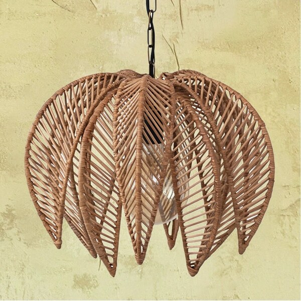Metal and Wicker Palm Tree Pendant Lamp - 18.1"L x 18.1"W x 13.4"H