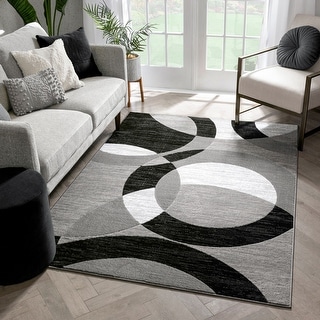 Well Woven Kryss Grey Modern Geometric Shapes Circles Area Rug - 5' x 7'