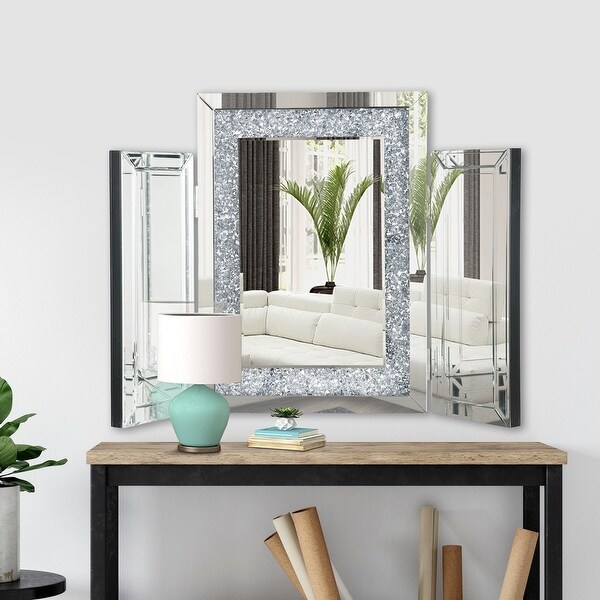 Tri Fold Mirror Panel Frame Accent Decor with Faux Diamond, Silver