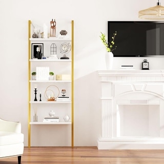 Modern Ladder Shelf, 5-Tier Open Wall-Mounted Bookshelf, Display Wood Shelves with Stable Metal Frame, Plant Flower Stand