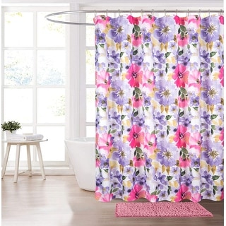 Purple Pink Floral Roses Bathroom Set Chenille Soft Plush Bath Mat With Shower Curtain & 12 Curtain Hooks