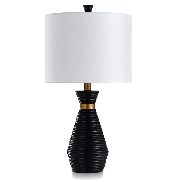 Gemma - Washboard Round Column Resin Table Lamp - Gloss Black, Gold - White Linen Shade
