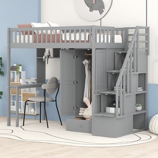 Twin Loft Bed with Stairs, Desk, Bookshelf, Drawers and Wardrobe, Solid Wood Loft Bed Frame with Storage