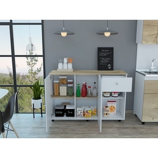 Modern Kitchen Island 2-Drawer 2 Open Shelves Display Decor and 2 Towel Hangers 6 Casters Locking Mechanism Kitchen Cart