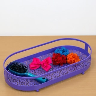 Oval Lace Decorative Plastic Vanity Tray with Rounded Feet, Purple