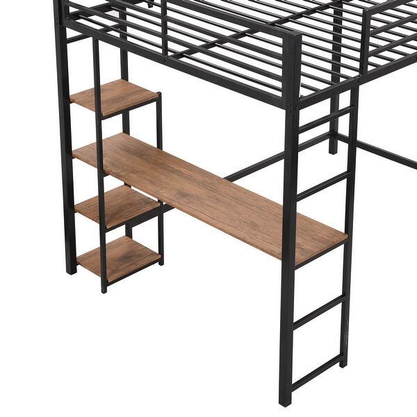 Modern and Industrial Full Size Metal Loft Bed with Built-in Desk & Storage Shelves, Space-Saving & Multifunctional Design,Black