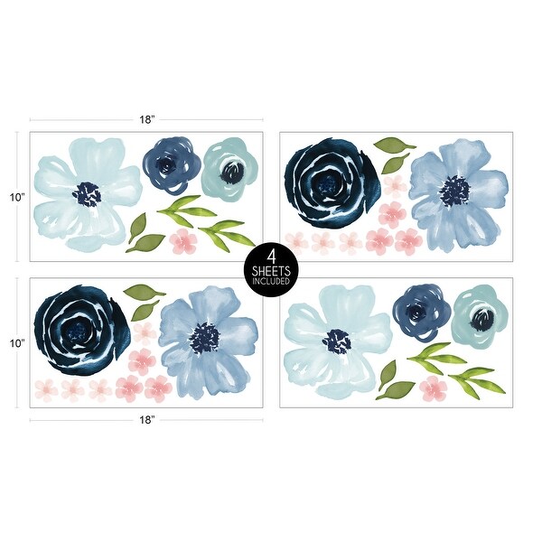 Blue Watercolor Floral Collection Wall Decal Stickers (Set of 4) - Blush Pink Navy Green White Shabby Chic Rose Flower Farmhouse