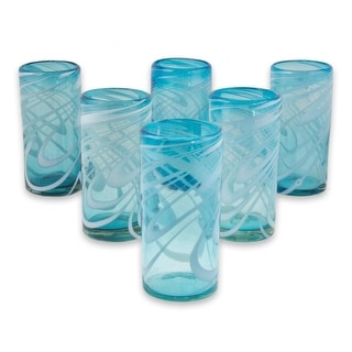 NOVICA Handmade Blown Glass Highball Glasses Whirling Aquamarine (Mexico) - 6*2.8