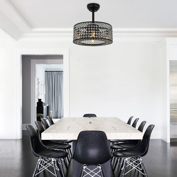 18 in. Indoor Black Ceiling Fan with Light and Remote 4-Light Crystal Cage Modern Chandelier Fan for Kitchen Island Bedroom