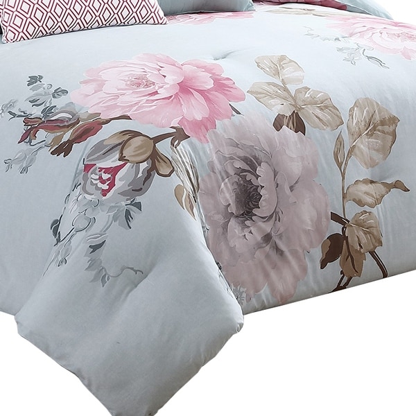 King Size 7 Piece Fabric Comforter Set with Floral Prints, Multicolor